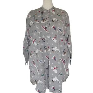 Vtg Heavyweight Flannel Skiing Print Night Shirt Nightgown L Gray Eddie Bauer